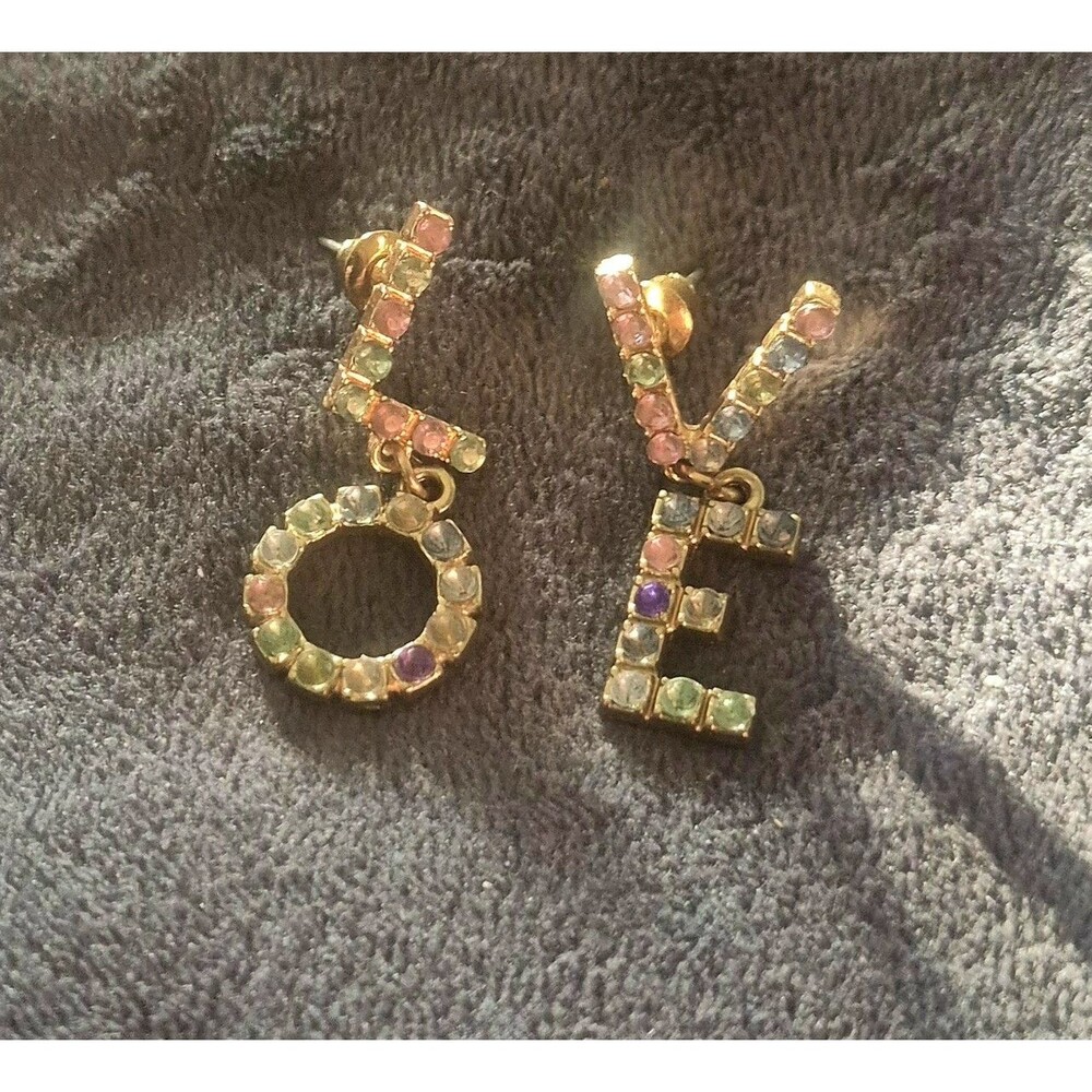 Mismatched LOVE Letter Earrings Gold Tone Pastel Multi Color Rhinestone 1.25 In